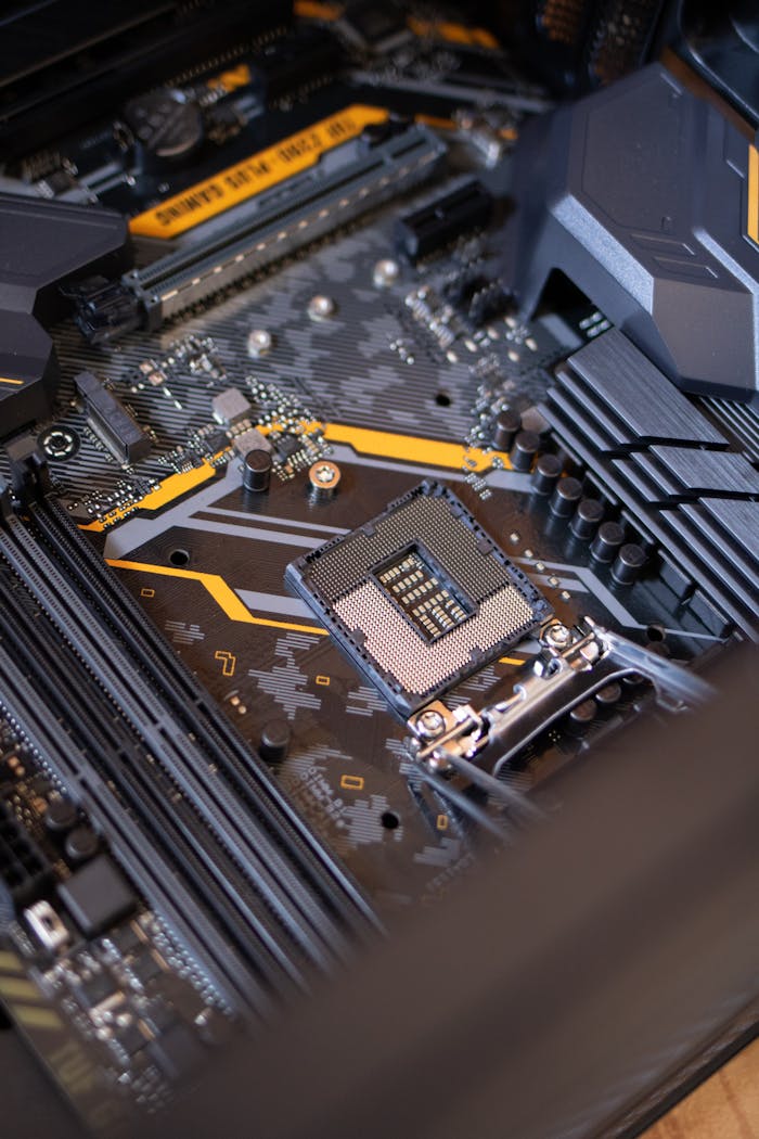 services-02 Detailed view of a computer motherboard highlighting electronic components and technology connections.